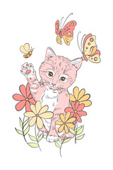 Cute and funny kitten silhouette looking curiously sitting in flowers playing