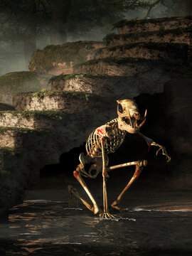 Rawhead and Bloody Bones is a skeletal bogeyman of English and American folklore. He said to haunt deep ponds where he drags helpless children or sometimes resides under stairs. 3D Rendering