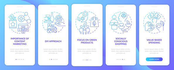 Customer behavior tendencies blue gradient onboarding mobile app screen. Walkthrough 5 steps graphic instructions pages with linear concepts. UI, UX, GUI template. Myriad Pro-Bold, Regular fonts used