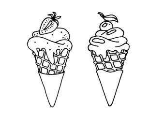 A set of ice cream cones. Sweet ice cream with berries.
