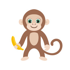 Fototapeta premium Cartoon funny monkey with banana. Cute tropical animal. Vector simple flat illustration.