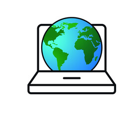 Globe on laptop icon isolated screen. Flat design. Vector illustration.
