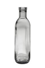 Empty, open bottle made of transparent glass. For non-alcoholic, carbonated refreshing drinks. Isolated on a white background, close-up.