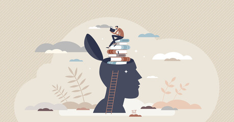 Lifelong learning and literature reading for education tiny person concept. Personal development and experience improvement with never stop learning mindset vector illustration. Stack of read books.