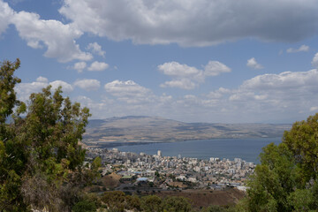 Fototapeta na wymiar Galilee view with the city of Tiberias and the Sea of Galilee