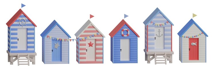 Set isolated cartoon beach houses on white background. Sea huts blue, red colors with flags, lifebuoy, garlands anchor, starfish, steering wheel, fish and turtle. 3d rendering illustration.