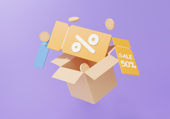 3d render parcel or open box discount coupon floating on purple background, promotion sale 50 percentage, shopping online concept. minimal cartoon illustration - obrazy, fototapety, plakaty