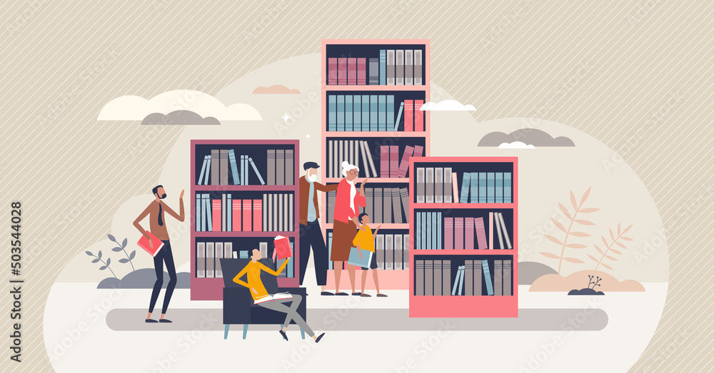 Poster library for book and literature reading and learning tiny person concept. archive study and search f