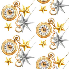 Watercolor Illustrations of Christmas clock and stars.New Year background Christmas clock and stars in cartoon style.Hand drawn watercolor pattern background