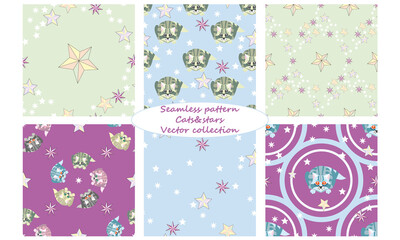 Cats and stars seamless pattern. Pastel wallpaper color. Large print seamless illustration. Decoration design in a circle. 6 vector collection