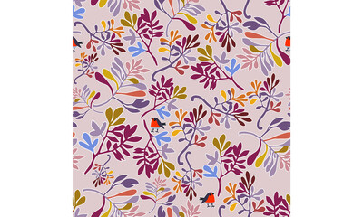 Colorful seamless pattern with birds and colorful twigs. Christmas vector background.Decorative wallpaper.For postcards, packaging, wallpaper, textiles, stickers