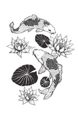 Vector illustration with fishes Koi and water flowers. Hand drawn sketch with Japan symbols of luck. - 503544089