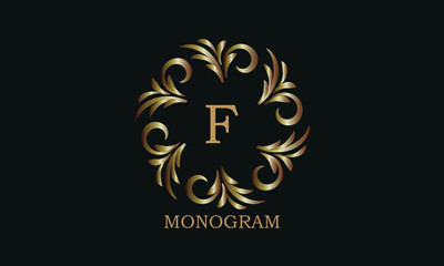 Golden monogram design template with letter F. Round logo, business identity sign for restaurant, boutique, cafe, hotel, heraldic, jewelry.