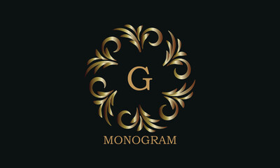 Golden monogram design template with letter G. Round logo, business identity sign for restaurant, boutique, cafe, hotel, heraldic, jewelry.