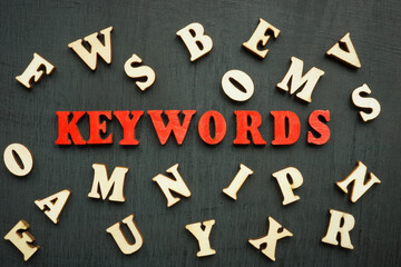 A Word keywords and wooden letters around.