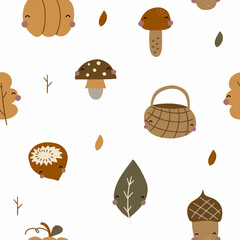 Seamless pattern with autumn gifts. Vector illustration in warm colors on a white background for your design