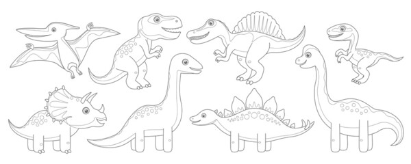 Fototapeta na wymiar Dinosaur coloring page. Cartoon vector outline dinosaur. Stegosaurus, Brachiosaurus, Pteranodon, Velociraptor, Tyrannosaurus, Triceratops, Brontosaurus, Spinosaurus. Coloring book for kids.