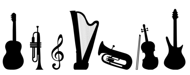 musical instruments set silhouette, on white background, isolated, vector