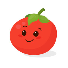 Cute Tomato Isolated on White Background. Funny Smiling Tomato. Vector Design Template for Banner, Card, T-shirt Print. Kids, Children, Baby, Vegan, Vegetarian, Food Concept