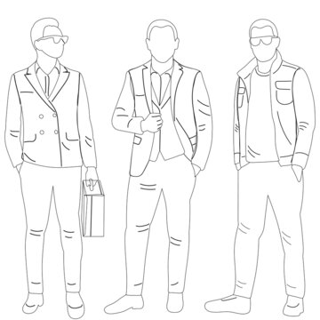 Fashion template of standing men in 3 poses. 9 head size for technical  drawing with main lines. Gentlemen figure front, 3-4 and side view. Vector  outline boy for fashion sketching and illustration