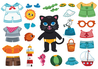 Fototapeta na wymiar Dress up game with cat character in summer theme for kids. Vector illustration.