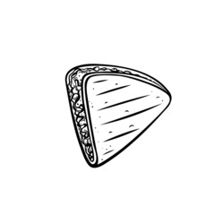 Chicken quesadillas with paprika and cheese drawn icon, traditional mexican dish. Monochrome outline vector illustration in retro style .