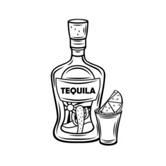 Tequila bottle and shot glass with slice of lime, mexican alcohol drink drawn outline vector illustration in retro style .