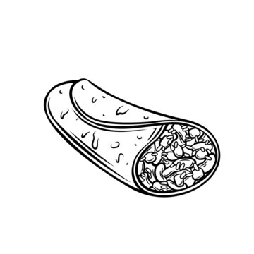 recommend clip art: Tortilla mexican dish outline vector llustration. Burritos with beans corn avocado rice. Drawn monochrome illustration in retro style .