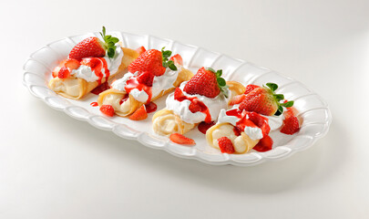Set of four delicious crepes with strawberry and cream filling, and chantilly topping, isolated