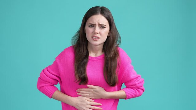 Lady suffer terrible belly illness infection isolated cyan color background