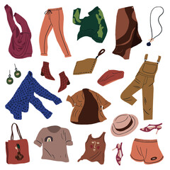 Fashion modern women clothes collection. Casual female garments and accessories. Coat, jumper, shirt, shoes, trousers, bag, shoes flying. Colored flat vector illustration isolated on white background