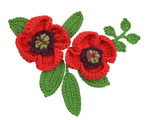 Handcrafted flowers of poppies and leaves isolated on a white background.
