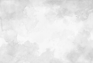 Hand painted white watercolor background. Blotches of gray paint with watercolor paper texture grunge. Abstract cloudy border design.  - 503546857