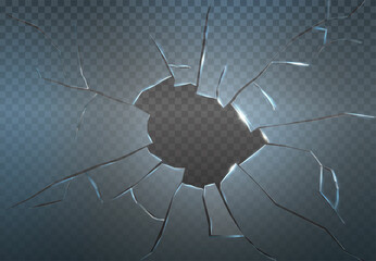 3d realistic vector icon. Broken glass, cracked gun hole with broken pieces. Isolated on transparent background.