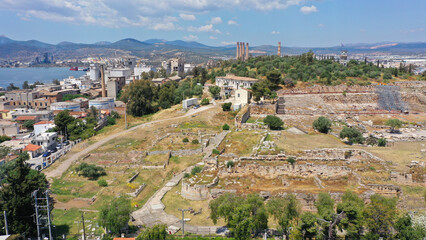 Obraz premium Aerial drone photo of iconic archaeological site and Sanctuary of Ancient Elefsina mainly known for the Great Mysteries - the Eleusinian Mysteries, Attica, Greece