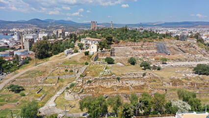 Obraz premium Aerial drone photo of iconic archaeological site and Sanctuary of Ancient Elefsina mainly known for the Great Mysteries - the Eleusinian Mysteries, Attica, Greece