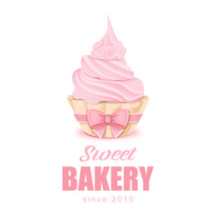 Sweet cupcake logo with pink cream and a bow on a isolated background