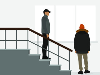 Two male characters in warm clothes on the stairwell