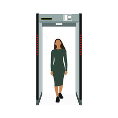 Female character going through the frame of a metal detector on a white background