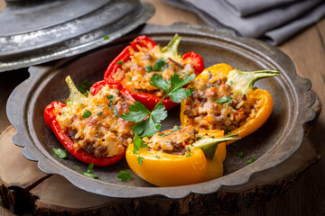 Stuffed peppers, halves of peppers stuffed with rice, dried tomatoes, herbs and cheese in a baking dish on a blue wooden table, top view. Vegetarian dish, stuffed vegetables