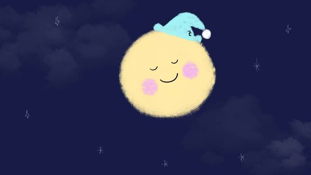 Sleepy moon in night sky background animation VDO clip.