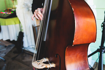 Concert view of contrabass violoncello player with vocalist and musical band during jazz orchestra...