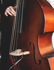 Concert view of contrabass violoncello player with vocalist and musical band during jazz orchestra band performing music, violoncellist cello jazz player on stage