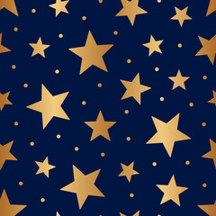 Star seamless pattern. Repeated golden stars on dark blue background. Repeatin gold glitter patern for design prints, gift wrappers. Bling star packing. Repeat sparkle texture. Vector illustration