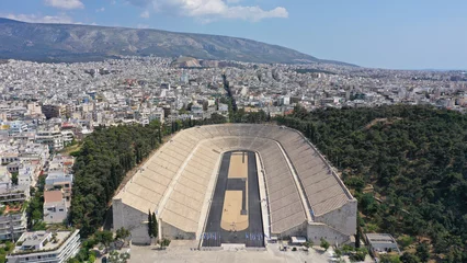 Gardinen Aerial drone photo of iconic ancient Panathenaic stadium or Kalimarmaro birthplace of the original Olympic games, Athens historic centre, Attica, Greece © aerial-drone