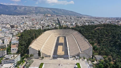 Gardinen Aerial drone photo of iconic ancient Panathenaic stadium or Kalimarmaro birthplace of the original Olympic games, Athens historic centre, Attica, Greece © aerial-drone
