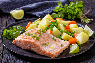 instant pot salmon, carrots, peas and potatoes