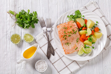 instant pot salmon, carrots, peas and potatoes