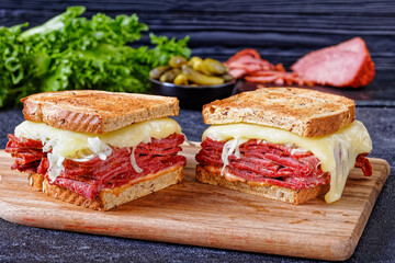 reuben sandwich with corned beef, top view