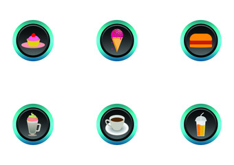 Food buttons icons, Strawberries  cupcake, Strawberries ice-cream, burger, Frappe cold drinks, Hot coffee or espresso, orange juice or soda cold drinks 